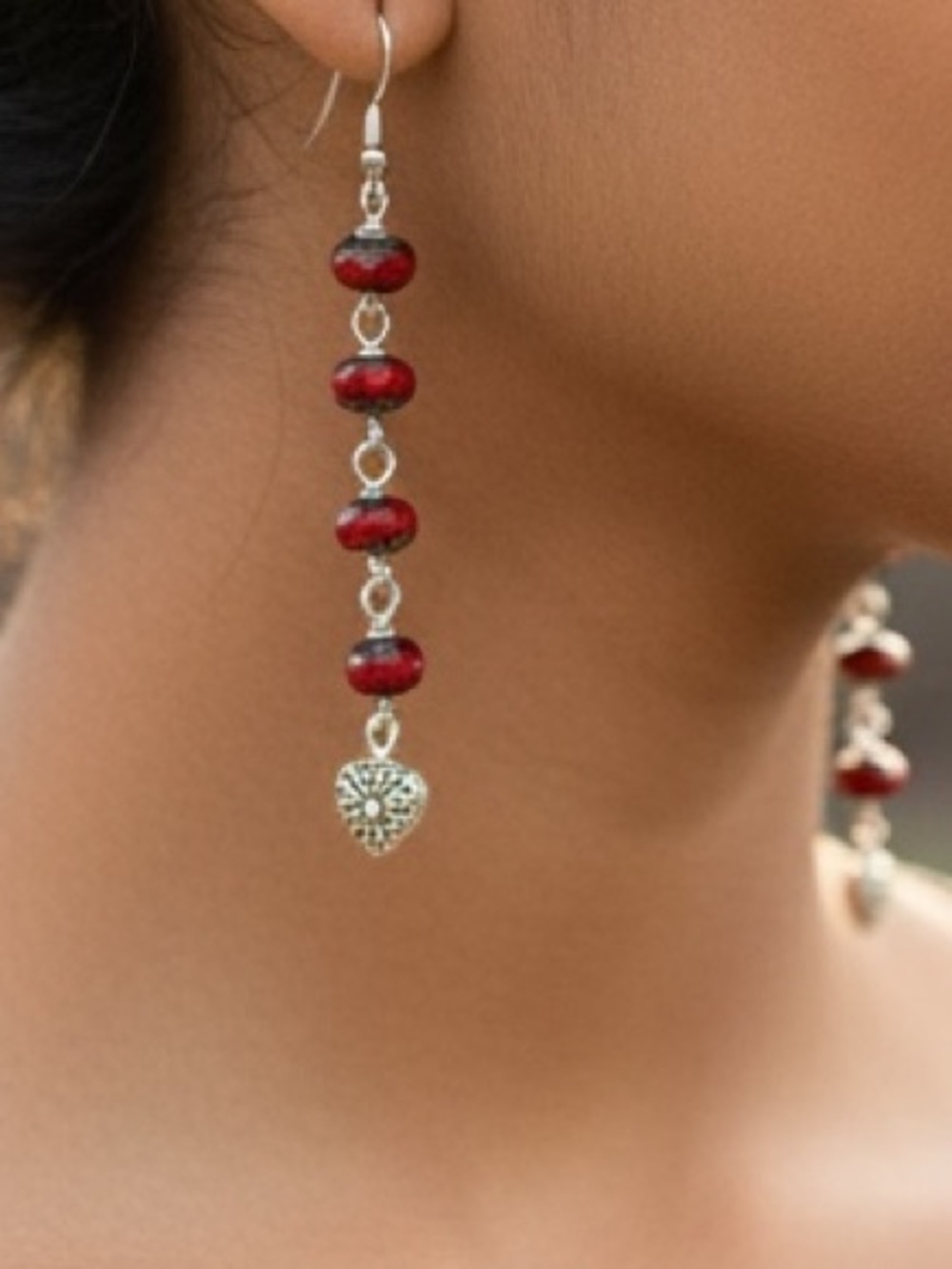 HAND CRAFTED CRIMSON & SMOKE CZECH GLASS DANGLE EARRINGS Silver Heart Charms